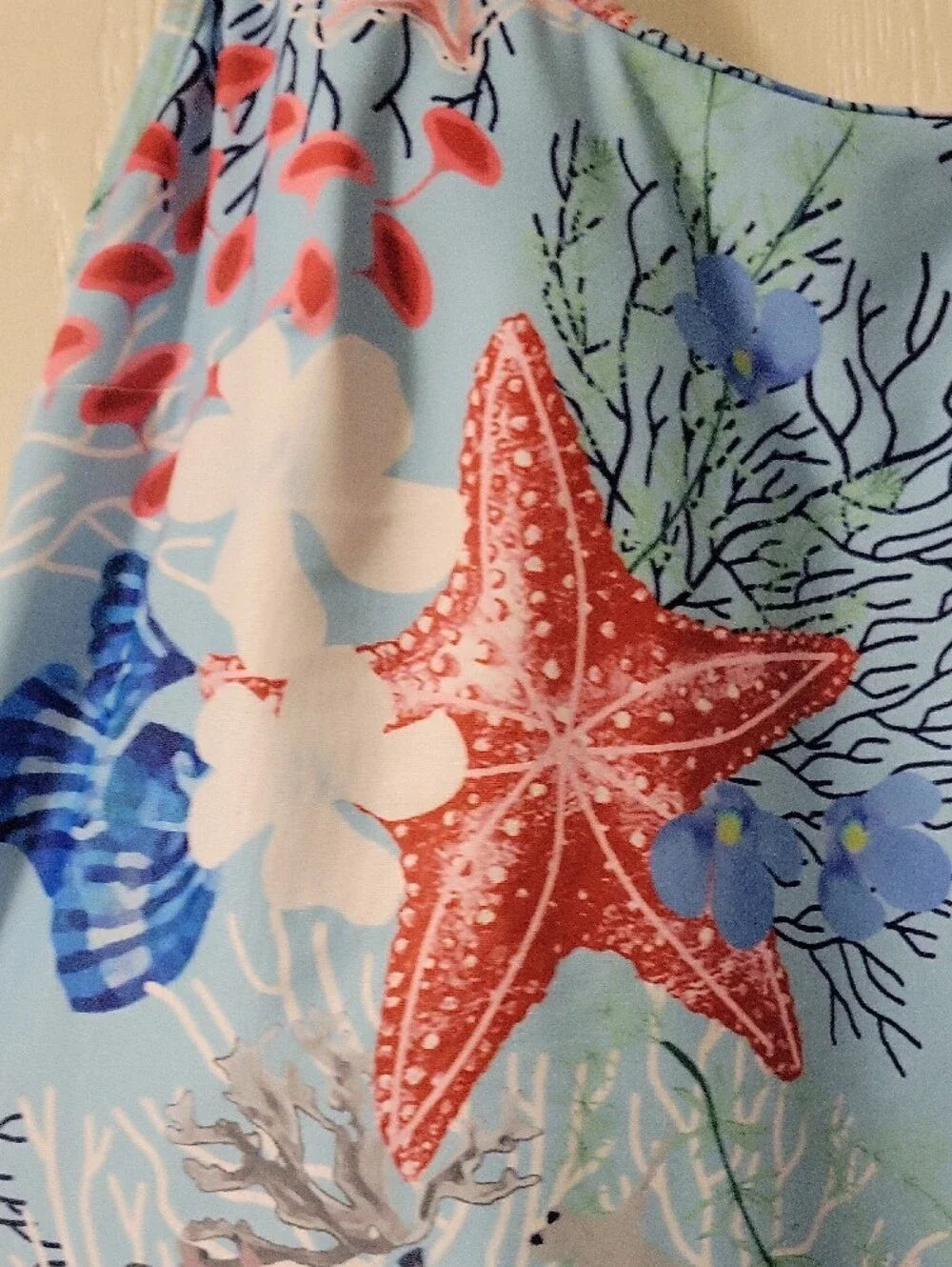 Light Blue Starfish Print Tankini Top With Adjustable Straps